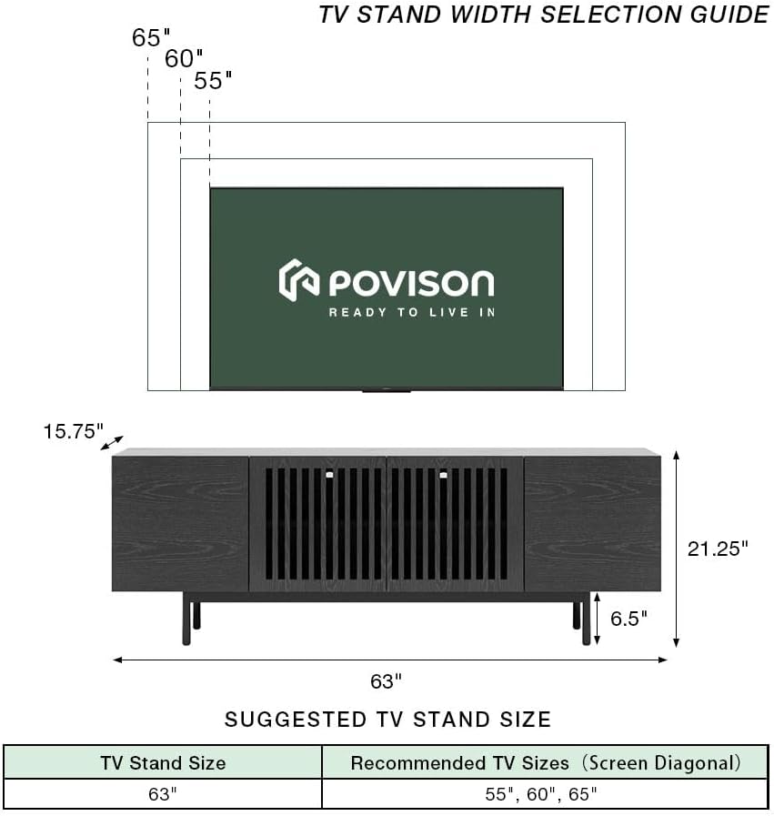 POVISON Fully-Assembled Mid Century Modern Sintered Stone TV Stand, Slatted Media Console TV Cabinet with Tall-cast Metal Legs, Fluted Entertainment Center with Storage (Black, 62.99")