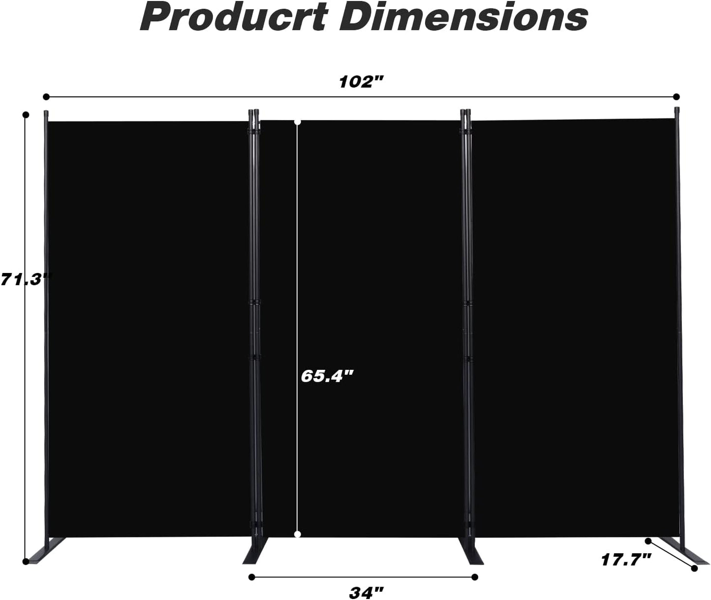 Room Divider, 3 Panel Folding Privacy Screens with Wider Support Feet, 6 Ft Portable Room Partition for Room Separator, 102" W X 71" H, Black