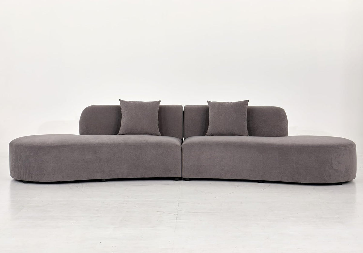 Container Furniture Direct 132" Curved Sofa with Throw Pillows, 6 Seater Luxury Velvet Couch with Half Moon Design and High-Density Foam, Ideal for Modern Living Room, Office & Apartment, Grey