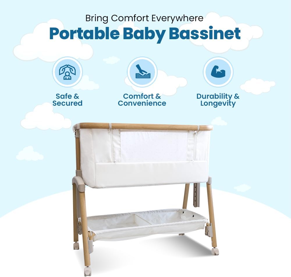 Baby Bassinet Bedside Sleeper, Portable Crib for Newborns, Adjustable 7-Height Auto-Lock, with Wheels, Soft Mattress & Breathable Mesh