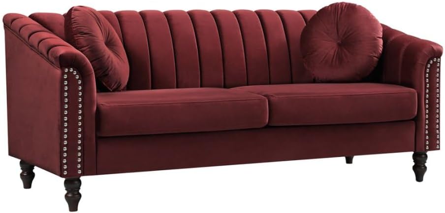 Sectional Sofa Set, Microfiber Chesterfield Upholstered Sofas Loveseat Couch Chair Sets with Style Button Tufted, Scroll Arms and Nailhead for Living Room, Office, Apartment-Red,S