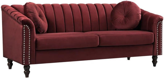 Sectional Sofa Set, Microfiber Chesterfield Upholstered Sofas Loveseat Couch Chair Sets with Style Button Tufted, Scroll Arms and Nailhead for Living Room, Office, Apartment-Red,S
