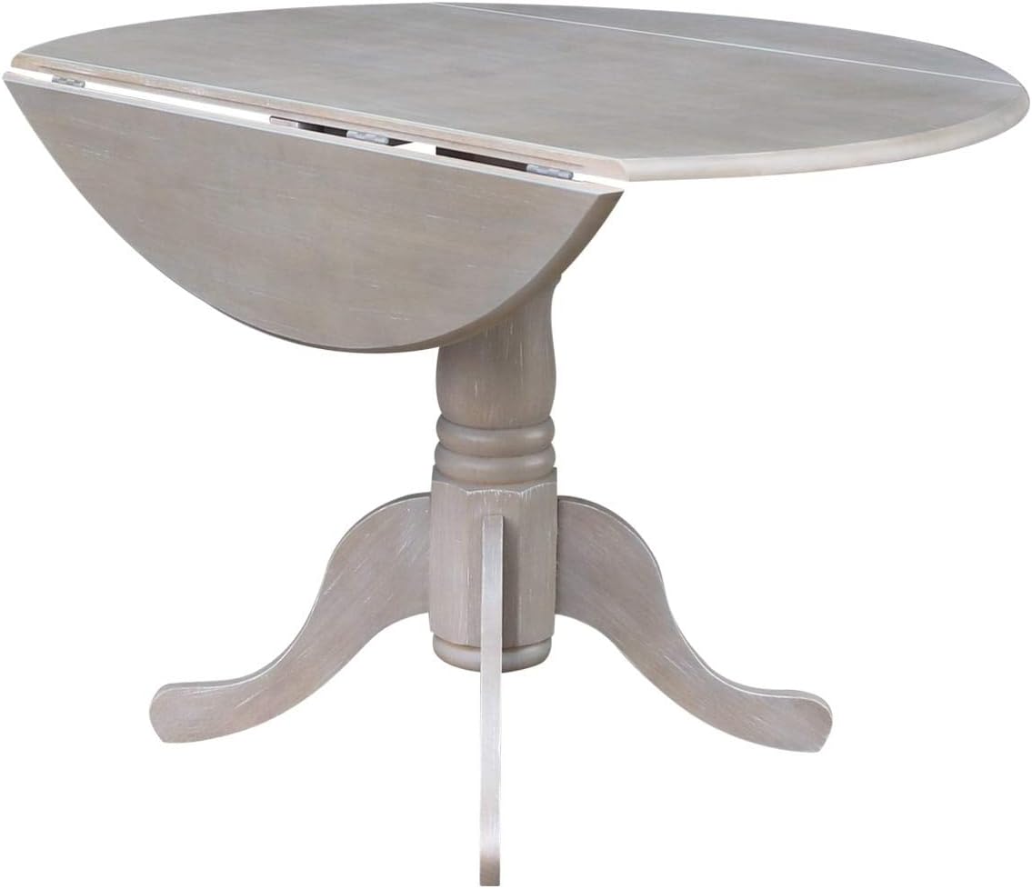 IC International Concepts, 42" Round Dual Drop Leaf Pedestal Dining Table, Solid Real Wood, Sturdy Parawood, Dimensions 42"D x 42"W x 29.5"H, 20mm thickness, 40lbs Weight Capacity, Washed Gray Taupe