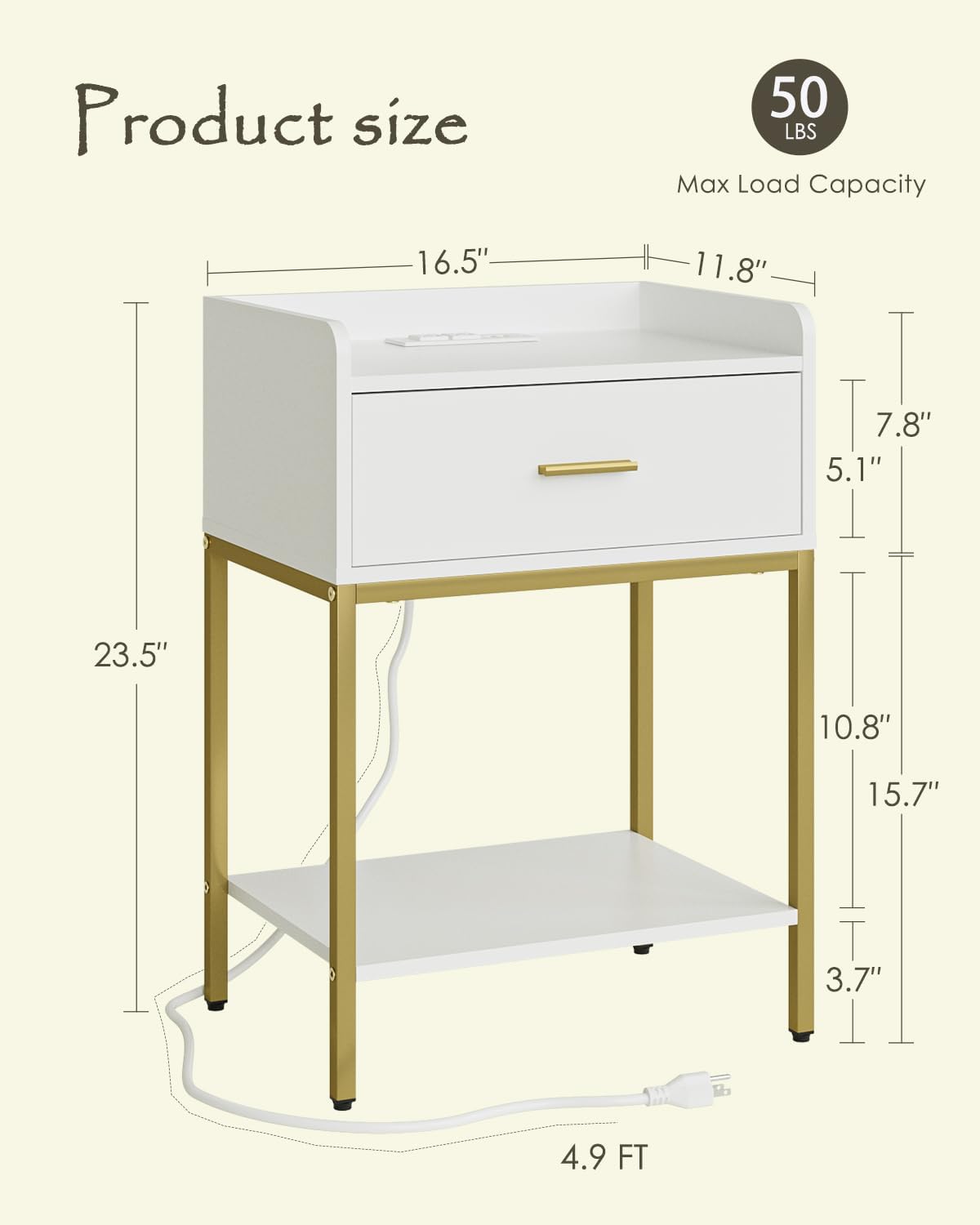 Nightstand with Charging Station,3-Tier Bedside Table for Small Space,Modern Night Stand with Storage Drawer and Shelf,Small Side Table for Bedroom,Living Room,White