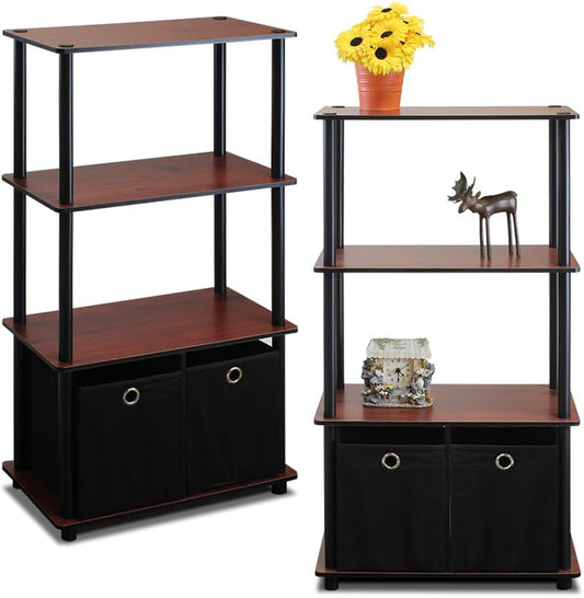 Furinno Go Green 4-Tier Multipurpose Storage Shelf with Bins, Set of 2, Dark Cherry