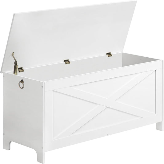 39.4" Toy Chest, Sturdy Entryway Storage Chest with Safety Hinges, Retro Toy Box, Wooden Look Accent Furniture for Living Room, Bedroom, White SCWT48101Z1