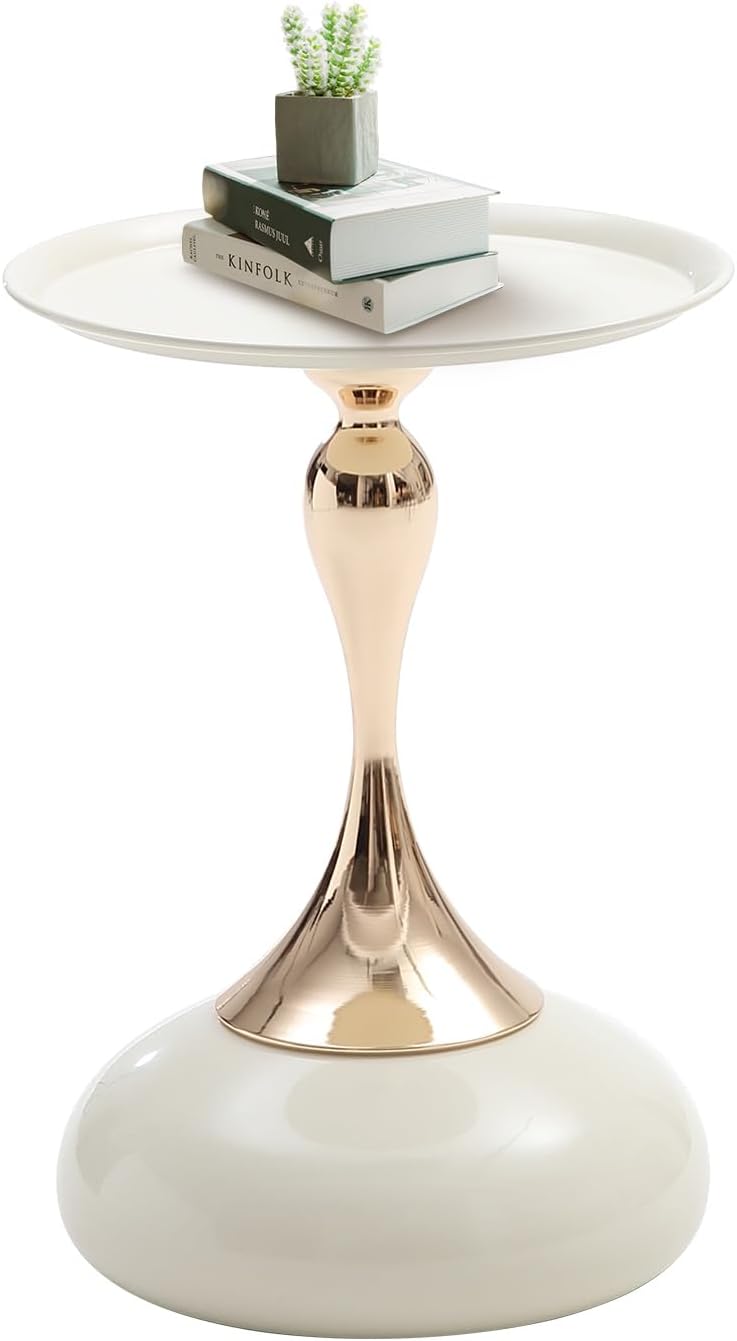 White Pedestal Side Table for Small Spaces, Metal Round Unique End Tables Living Room Modern Corner Accent Table, Martini Table Small Drink Table for Couch, Sofa, Recliner