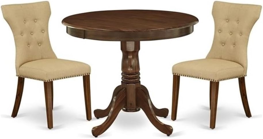 East West Furniture ANGA3-AWA-03 3 Piece Dining Set Contains a Round Dining Room Table with Pedestal and 2 Upholstered Chairs, 36x36 Inch, Antique Walnut