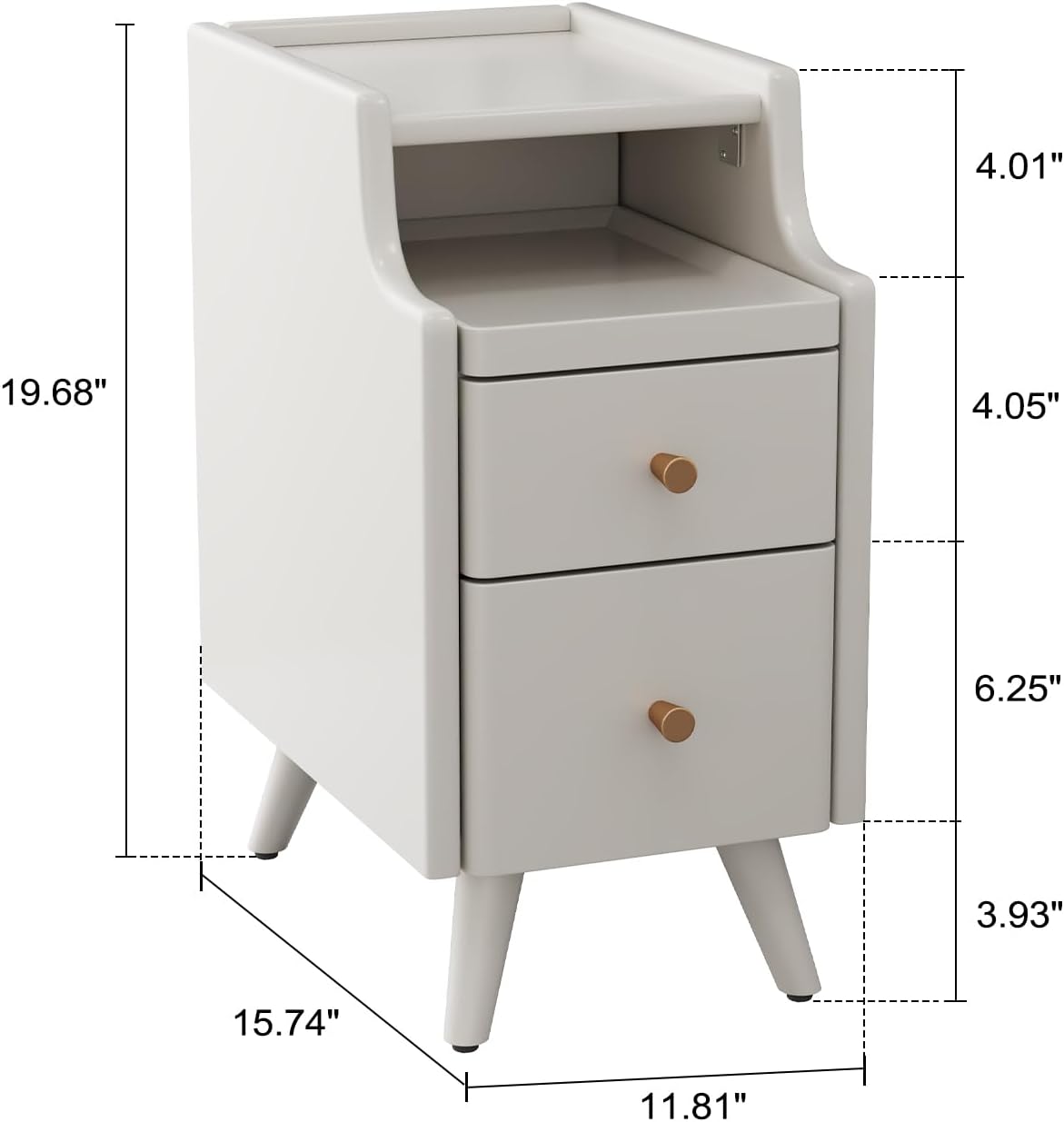 Small Nightstand with Drawers, Solid Wood Bedside Table, Narrow Walnut Nightstand for Bedroom