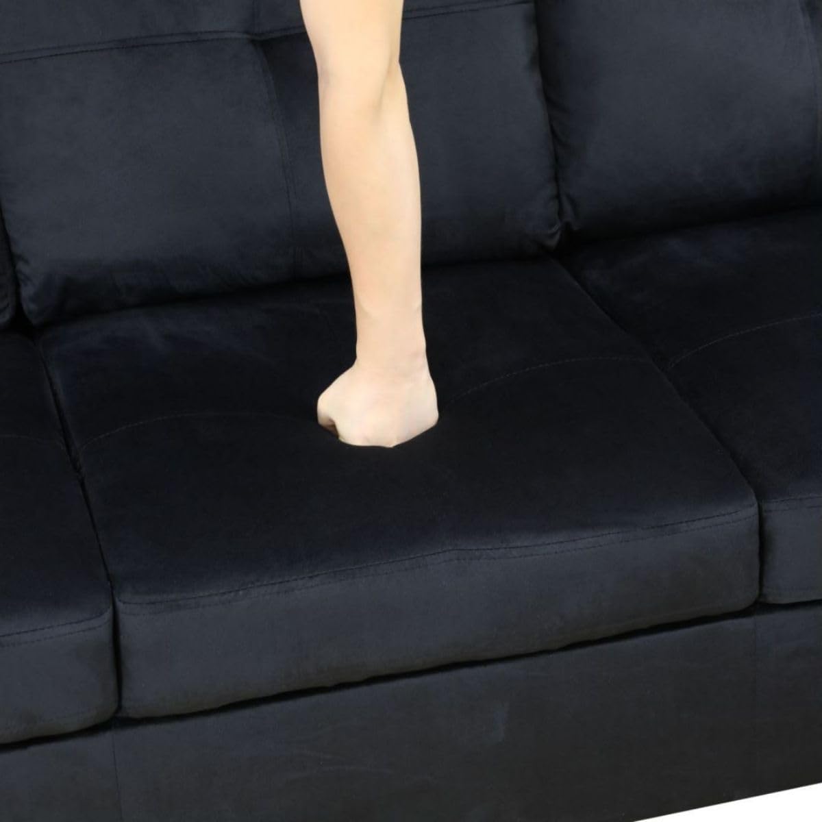 Black L-Shaped 3-Piece Flannel Sofa with Storage Ottoman Set, Sectional Couch Sofa Set for Living Room, Office, Small Space