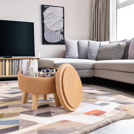 Wimarsbon Storage Ottoman, Modern Round Footrest with Soft Padded Seat, Teddy Velvet Footstool with Wood Legs, Accent Small Table or Plant Stand for Hallway, Living Room (Champagne)