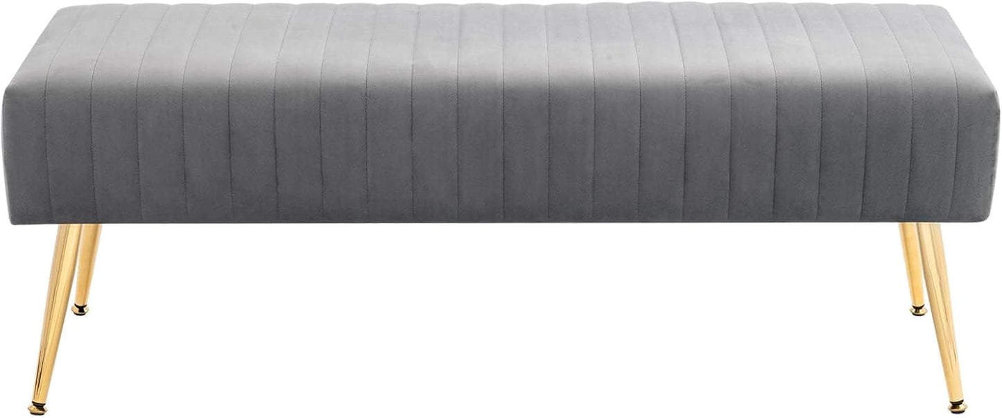 Furniliving 44 Inch Bedroom Benches, Upholstered Tufted Striped Fabric Ottoman Bench with X-Shaped Metal Legs for Living Room, Solid Wood Indoor Bench for Foyer (Grey)