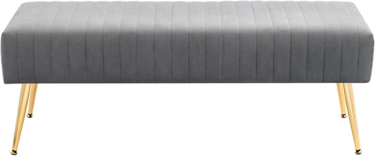 Furniliving 44 Inch Bedroom Benches, Upholstered Tufted Striped Fabric Ottoman Bench with X-Shaped Metal Legs for Living Room, Solid Wood Indoor Bench for Foyer (Grey)