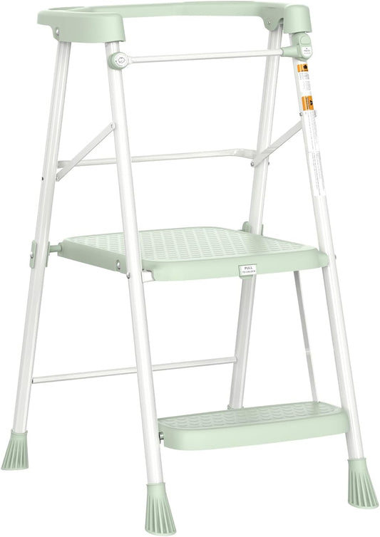 Kids Step Stool 2 Steps, Toddler Tower for Kitchen Counter Learning, Toddler Kitchen Stool Helper with Anti-Drop Safty Railing Kids Standing Folding Stepper, Green