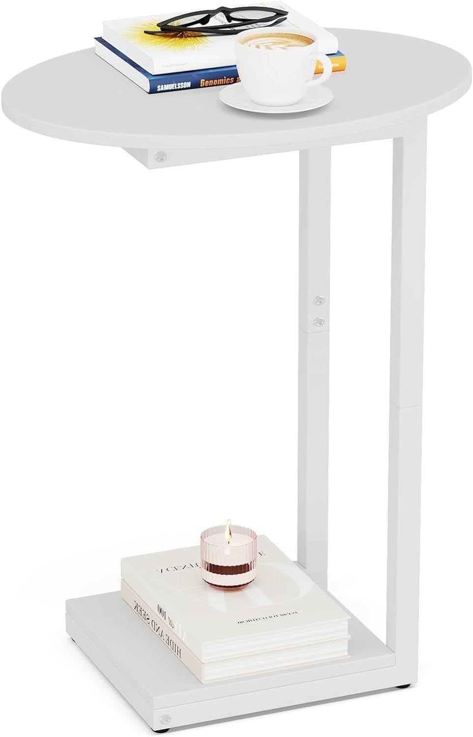 Hosfais Small Side Table End Table, C Shaped Oval Coffee Table, Wooden TV Tray for Living Room, Bedroom, Couch, Small Spaces (White)