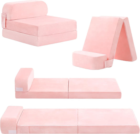Tiita Folding Sofa Bed for Kids, Toddler Fold Out Couch with Removable Cover, Futon Sleeper Chair for Living Room, Guest Room, Pink