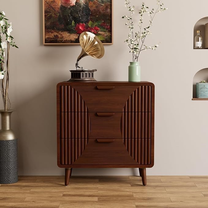 COSIEST Walnut Accent Cabinet with 3 Drawers, Sideboard Buffet Cabinet for Entryway, Living Room, Bedroom (Brown, Stripe Pattern)