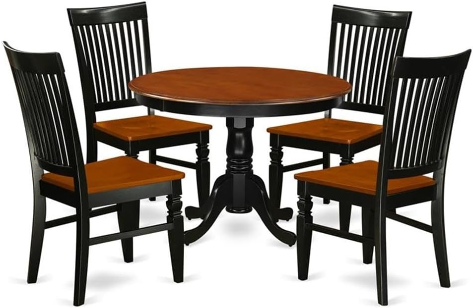 East West Furniture HLWE5-BCH-W 5 Piece Modern Dining Table Set Includes a Round Wooden Table with Pedestal and 4 Dining Chairs, 42x42 Inch, Black & Cherry