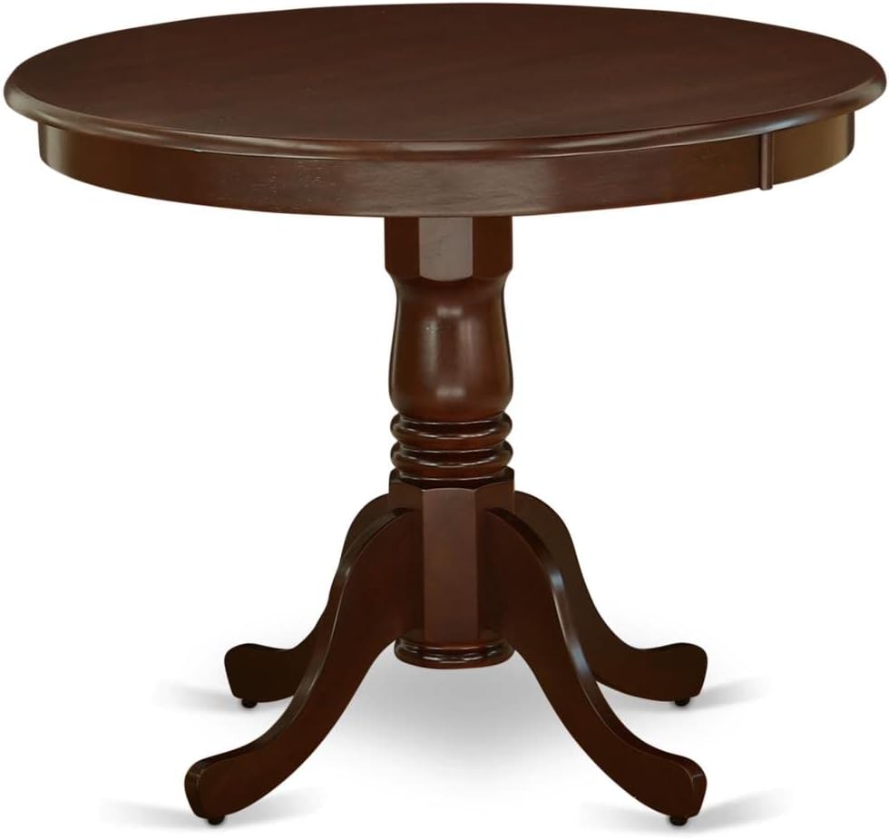 East West Furniture ANAB5-MAH-72 5 Piece Dining Table Set Includes a Round Dining Room Table with Pedestal and 4 Firebrick Red Faux Leather Parsons Chairs, 36x36 Inch, Mahogany