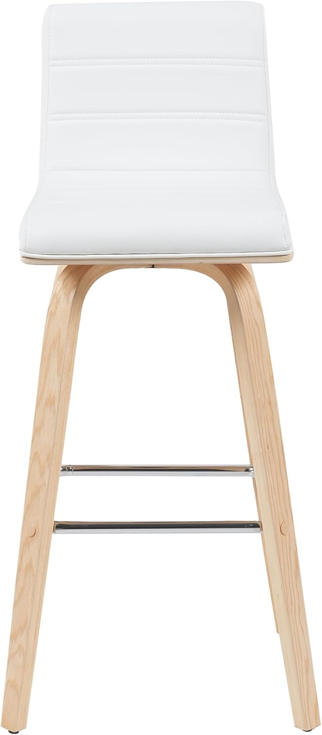 Vienna Modern Swivel Bar Height Stool with White Faux Leather Seat and Patterned Oak Wood Frame Set of 3