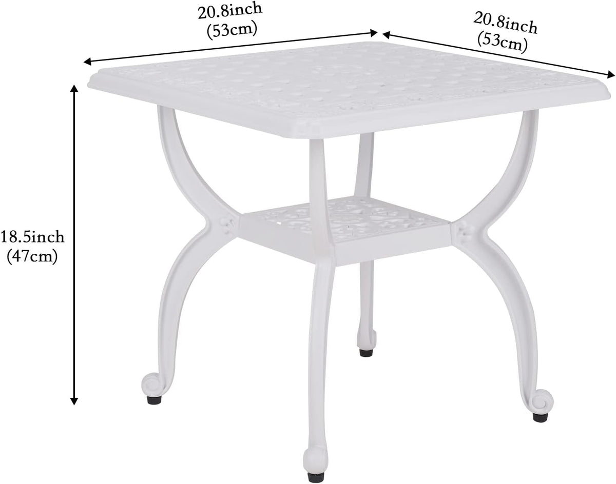 JARDIN DE CENTENNIAL Cast Aluminum Outdoor Side Table,Anti-Rust Outdoor End Table,Patio Coffee Bistro Table for Indoor,Garden,Porch,Balcony(Square White)