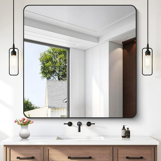 FORBATH Bathroom Mirror 42x42 Inch, Large Square Vanity Mirror with Black Aluminum Frame Rounded Corner, Wall Mounted Mirror for Bathroom Bedroom Entryway Living Room Home Decoration