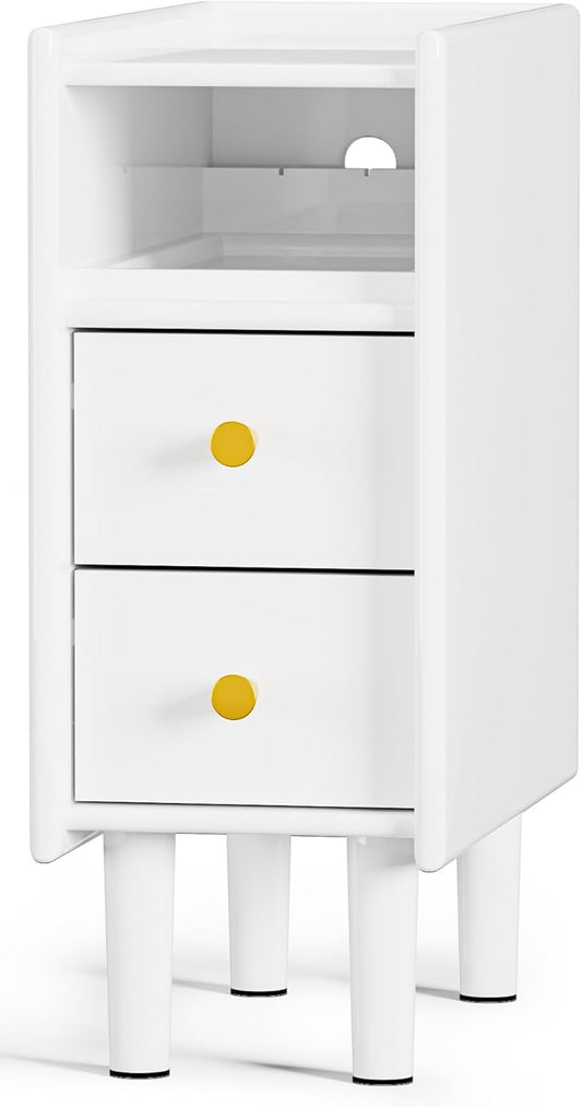 Huolewa Narrow Nightstand with 2 Drawers - Solid Wood Narrow Side Table with Open Shelf for Small Spaces, Couch, Bedroom, Living, Office - Small Bedside Table, End Tables (White, 7.87 inch)