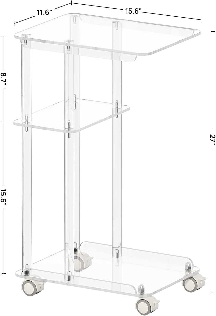 HMYHUM Acrylic C Shaped Table with Wheels, Clear Rolling Side/End Table for Couch, Living Room, Bedroom, Slide Under Sofa Table for Small Spaces, 15.6" L x 11.6" W x 27" H