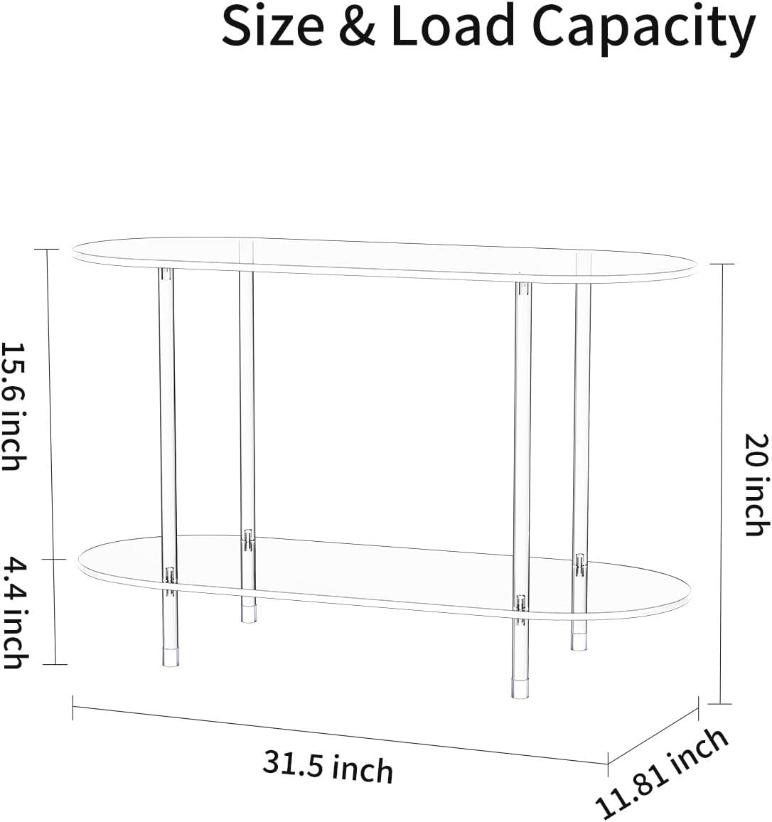Clear Acrylic Console Table, 31.5" L x 11.8" W x 20" H, 2 Tier Oval Small Transparent Storage shelf Side End Sofa Entry Entryway Table for Sofa, Foyer, Hallway, Living Room