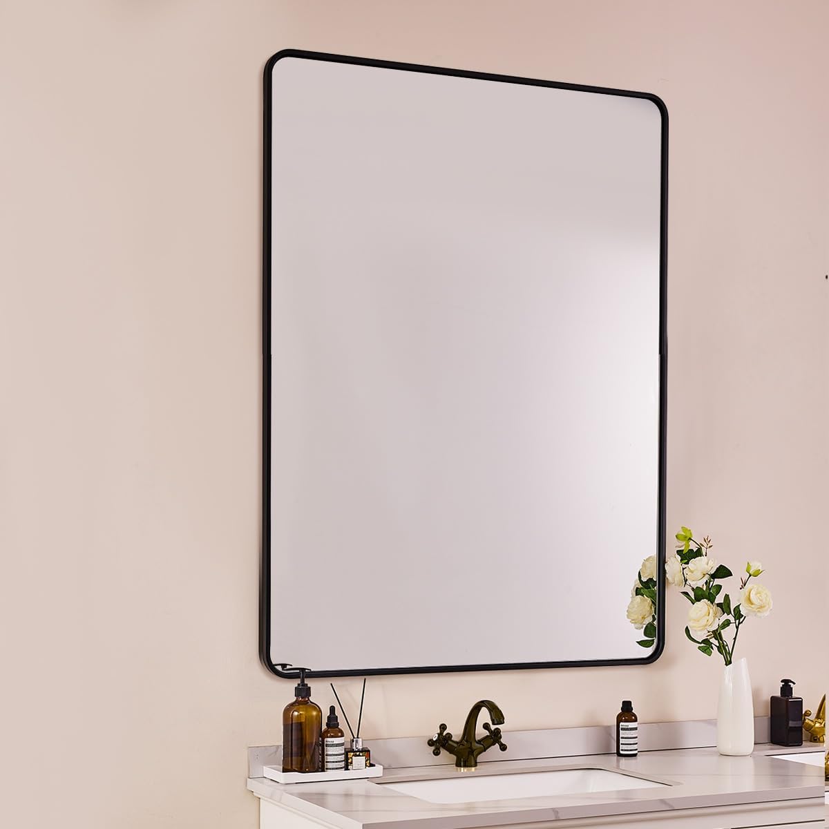ANDY STAR 30’’x48’’ Black Bathroom Mirror, Rounded Rectangle Black Metal Framed Bathroom Vanity Mirror for Wall, Iron Tube, 1’’ Deep, Wall-Mounted Horizontal/Vertical