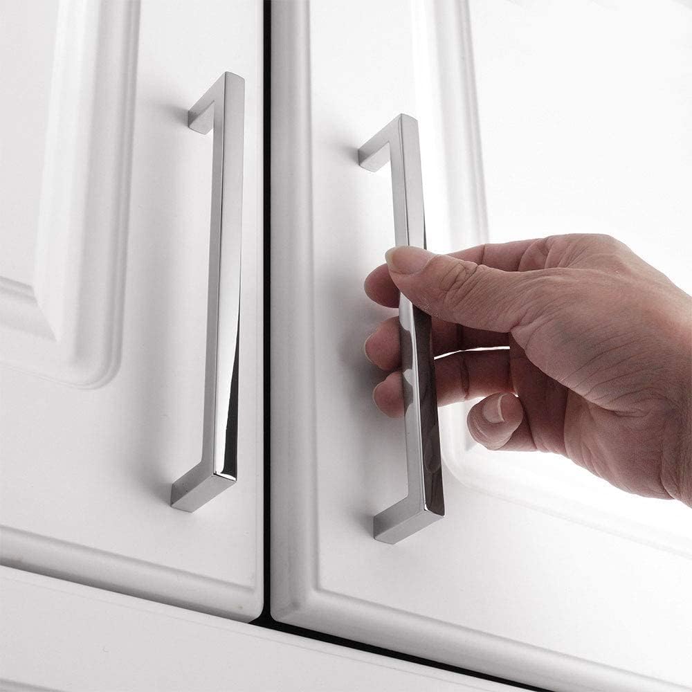 KOOFIZO Solid Square Bar Cabinet Handle - Chrome Furniture Pull, 6.3 Inch/160mm Screwhole Distance, 10-Pack for Kitchen Cupboard Door, Bedroom Dresser Drawer, Bathroom Wardrobe Hardware