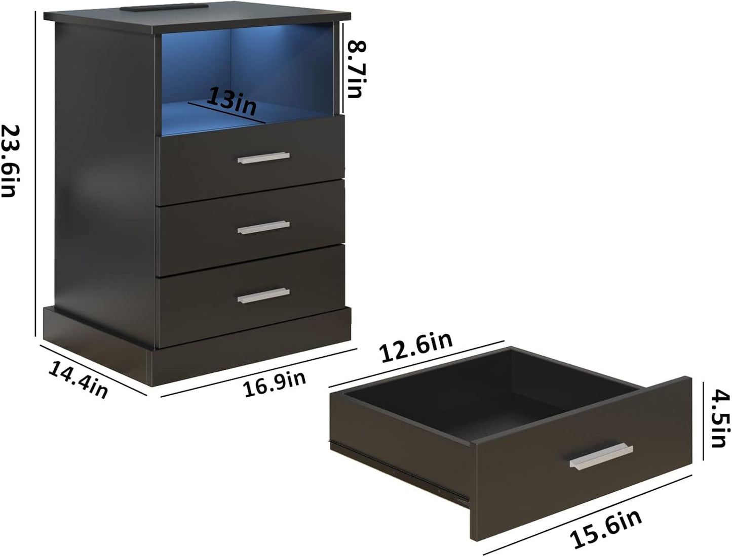 Black LED Nightstand with Charging Station, Side Table with 3 Drawers and Light, End Table with Open Storage, Beside Cabinet for Bedroom (Black)