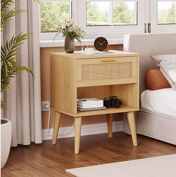 Irontar 17.7''L Nightstand Set of 2, Bedroom Night Stand with Charging Station & Rattan Drawer, Boho Style Bed Side Tables with Solid Legs, Accent End Table with Open Storage, Natural BZZ007ME02