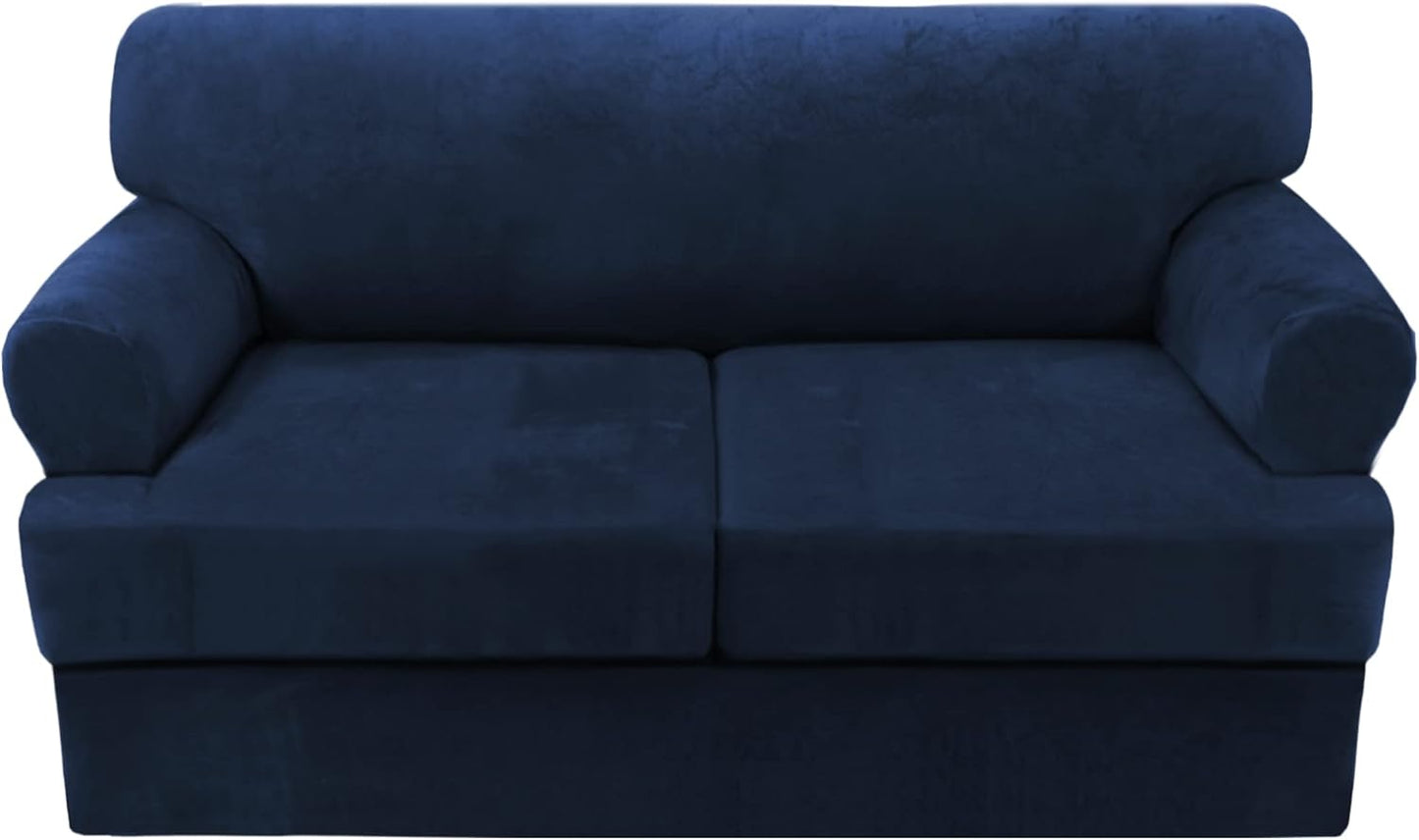 H.VERSAILTEX Sofa Cover 3 Piece T Cushion Loveseat Slipcovers Thick Velvet Couch Cover Furniture Protector Stretch T Cushion Sofa Covers for 2 Cushion Couch with 2 Individual T Cushion Covers, Navy