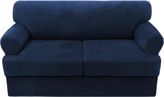 H.VERSAILTEX Sofa Cover 3 Piece T Cushion Loveseat Slipcovers Thick Velvet Couch Cover Furniture Protector Stretch T Cushion Sofa Covers for 2 Cushion Couch with 2 Individual T Cushion Covers, Navy