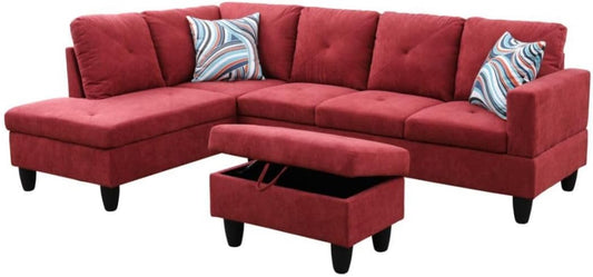 Red L-Shaped 3-Piece Flannelette Sofa with Storage Ottoman Set, Sectional Couch Sofa Set for Living Room, Office, Small Space