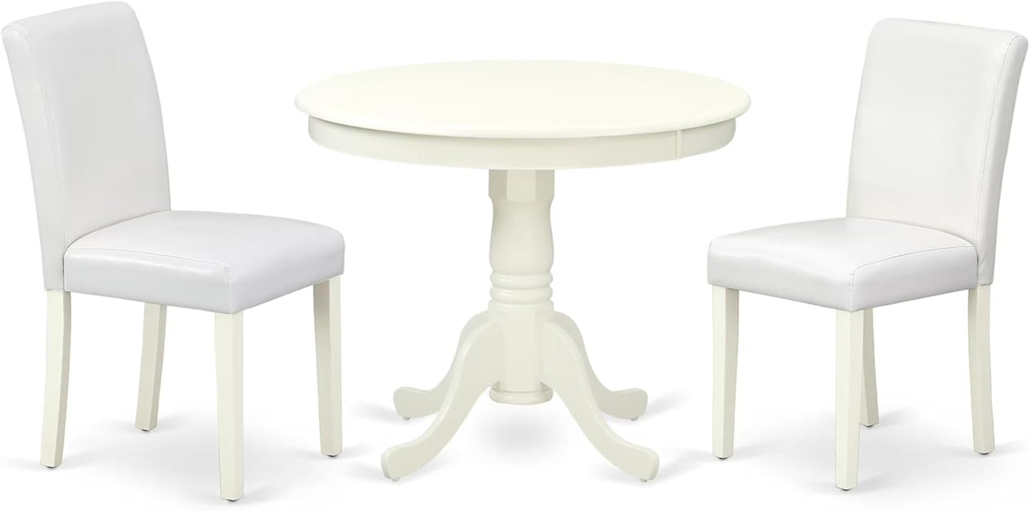 East West Furniture ANAB3-LWH-64 3 Piece Modern Dining Table Set Contains a Round Kitchen Table with Pedestal and 2 White Faux Leather Upholstered Chairs, 36x36 Inch, Linen White
