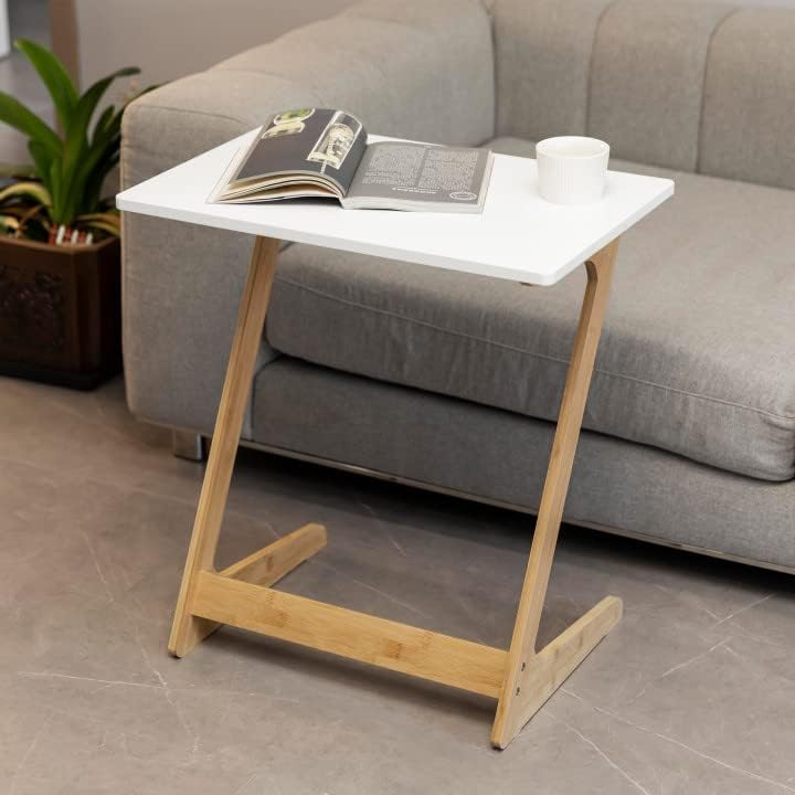 Forevich Bamboo Modern Tv Trays Table for Eating, Wood Couch Table End Snack Desk Sofa Side Table Z Shaped White