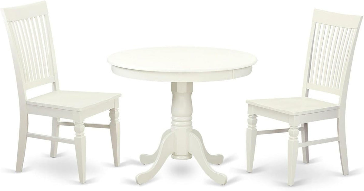 East West Furniture ANWE3-LWH-W 3 Piece Kitchen Table Set for Small Spaces Contains a Round Dining Room Table with Pedestal and 2 Dining Chairs, 36x36 Inch, Linen White