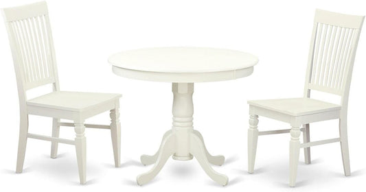 East West Furniture ANWE3-LWH-W 3 Piece Kitchen Table Set for Small Spaces Contains a Round Dining Room Table with Pedestal and 2 Dining Chairs, 36x36 Inch, Linen White