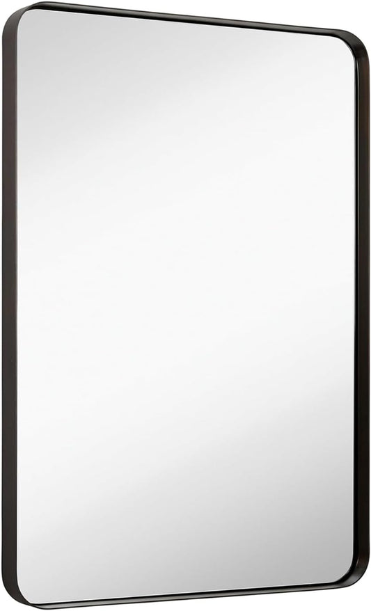 Hamilton Hills 24x36 Inch Metal Black Frame Mirror for Bathroom - Brushed Rectangular Rounded Corner Vanity - 2" Deep Set Design Large Wall Mirrors Decorative - Hangs Horizontal and Vertical