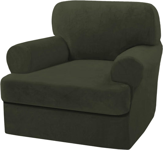 H.VERSAILTEX Sofa Cover 2 Piece T Cushion Armchair Slipcovers Thick Velvet Couch Cover Stretch T Cushion Sofa Covers for 1 Cushion Couch with 1 Individual T Cushion Covers, Olive