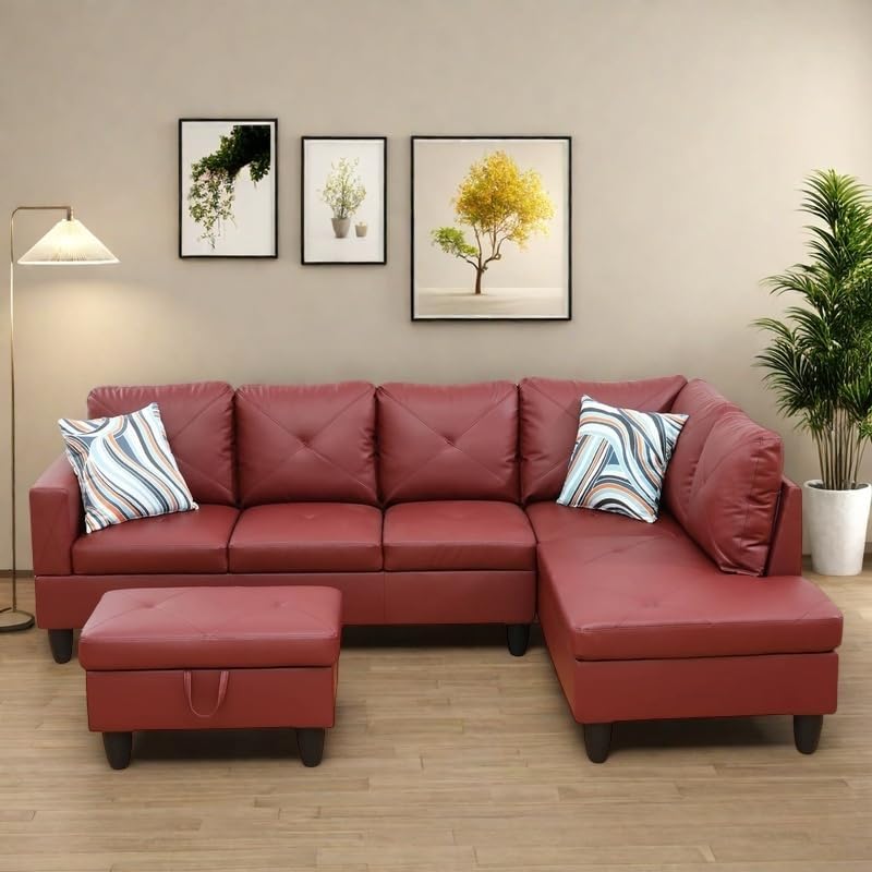 NAYSAYE L Shaped Couch, Leather Modular Sectional Couch with Ottoman Storage, Modern Lounge Sofa Convertible Sectional Couches for Living Room, Apartment, Red