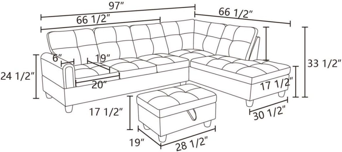 Grey-1 L-Shaped 3-Piece Linen Sofa with Storage Ottoman Set, Sectional Couch Sofa Set for Living Room, Office, Small Space