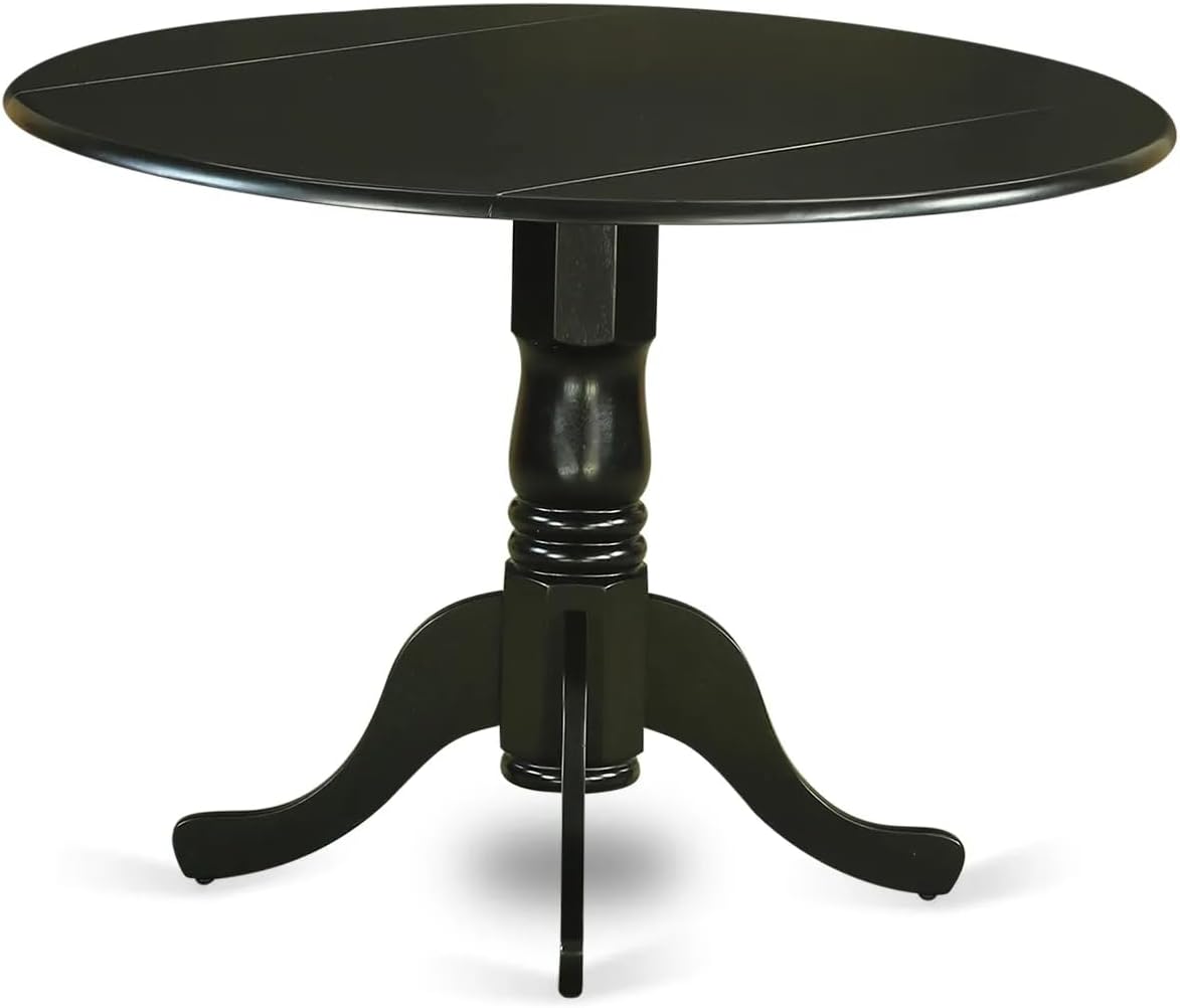 East West Furniture DLAS3-BLK-12 3 Piece Dining Table Set contain A Wood Table and 2 Dark Gray Polyester Fabric Dinner Chairs with Stylish Back- Black Finish