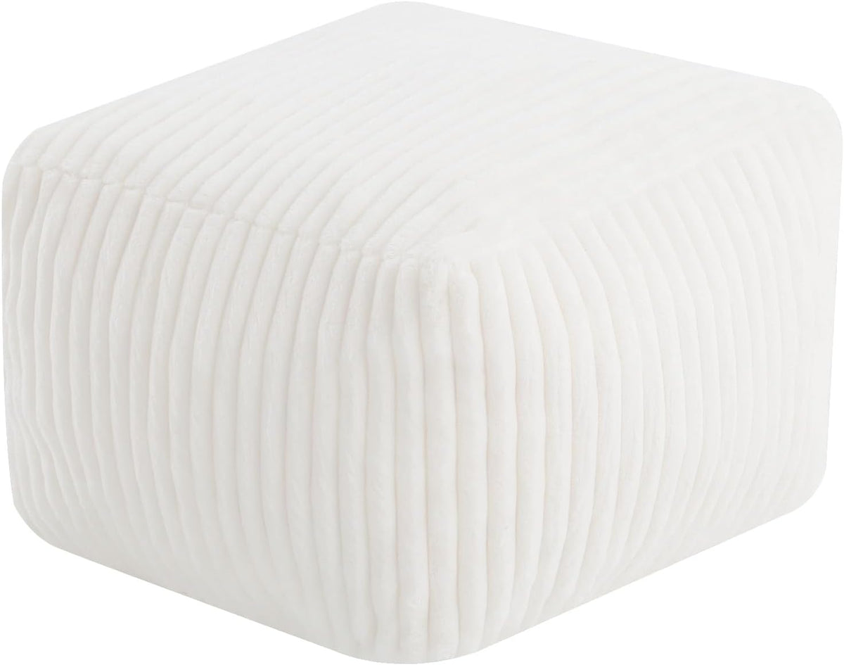 MeMoreCool Square Stuffed Pouf Ottoman Foot Rest, Stripe Furry Floor Pouf Foot Stool with Foam Chunk Filling, Soft Fluffy Stuffed Ottoman Footrest for Living Room, Faux Fur Beige