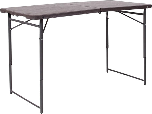 Flash Furniture Mills 4-Foot Height Adjustable Bi-Fold Brown Wood Grain Plastic Folding Table with Carrying Handle