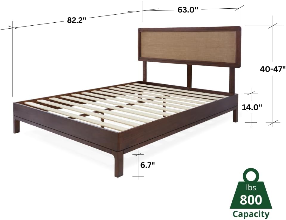 Bme Nipe Queen 14 Inch Bohemian Bed Frame with Adjustable Woven Headboard - Rustic & Vintage Unique Style with Acacia Wood - No Box Spring Needed - Easy Assembly - Walnut