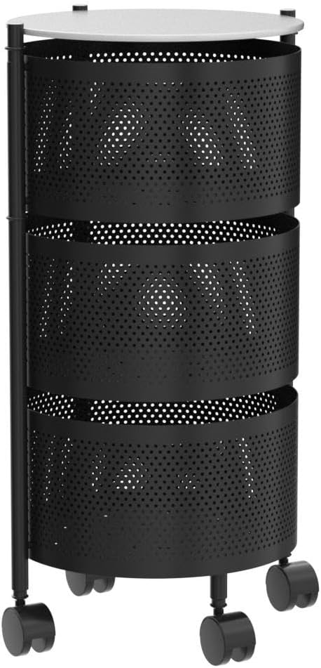 JAQ Vegetables Storage Basket, Rotating Storage Shelves Basket Carts Rack Organizer Bin on Rolling Wheels in Kitchen Household for Fruits Grocery Corns Potatos-(3-Tier,White)