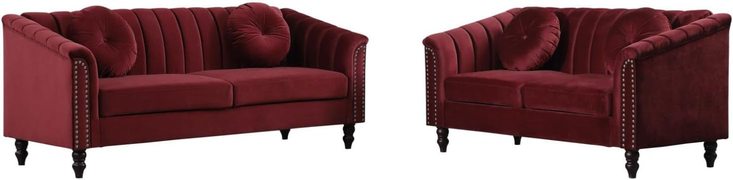 Sectional Sofa Set, Microfiber Chesterfield Upholstered Sofas Loveseat Couch Chair Sets with Style Button Tufted, Scroll Arms and Nailhead for Living Room, Office, Apartment-Red,S